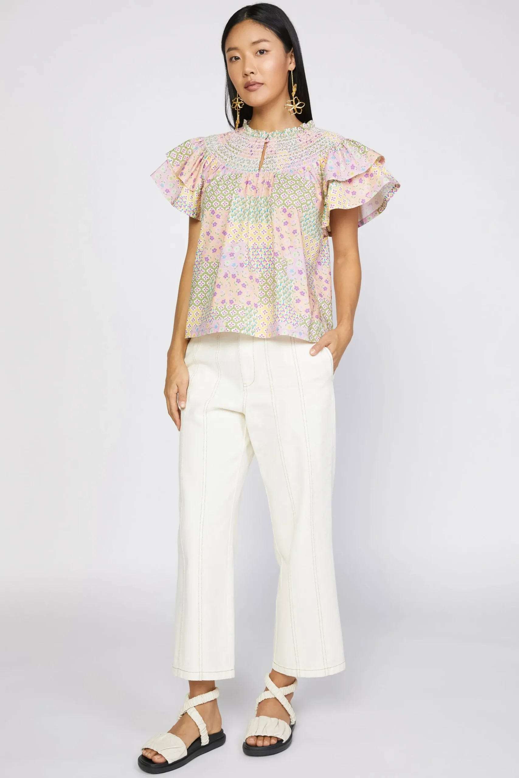 Current Air Short Sleeve Tops-Patchwork Flutter Sleeve Top MULTI