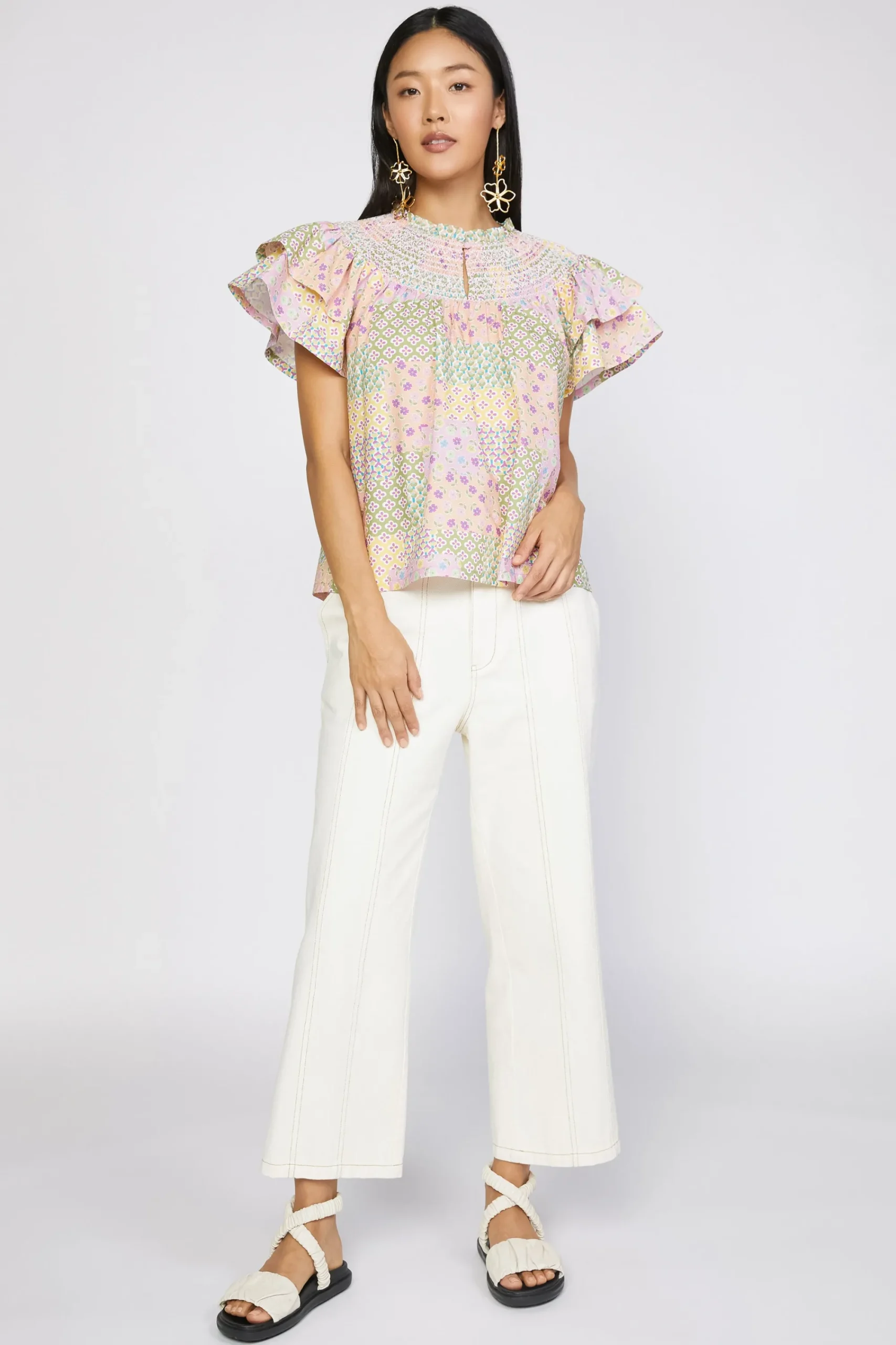 Current Air Short Sleeve Tops-Patchwork Flutter Sleeve Top MULTI