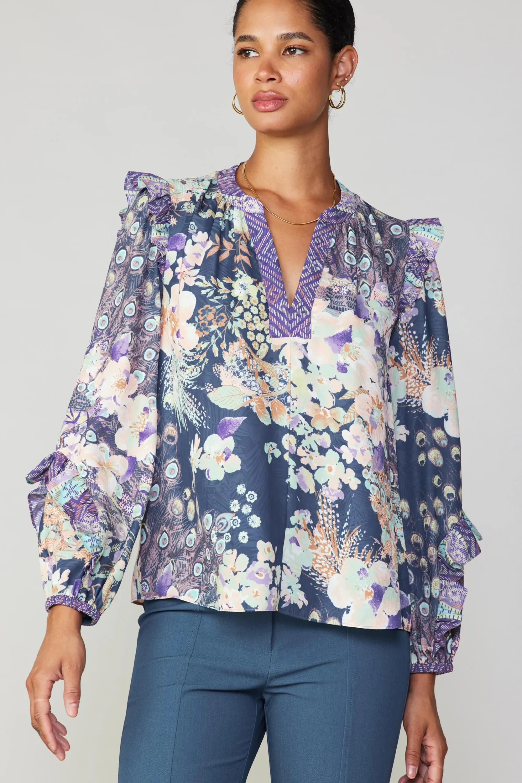 Current Air Long Sleeve Tops-Peacock Floral Blouse NAVYMULTI