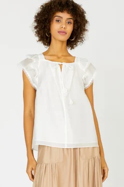 Current Air Sleeveless Tops | Short Sleeve Tops-Peekaboo Flutter Sleeve Top WHITE