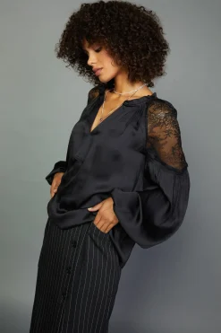 Current Air Long Sleeve Tops-Peekaboo Lace Blouse BLACK