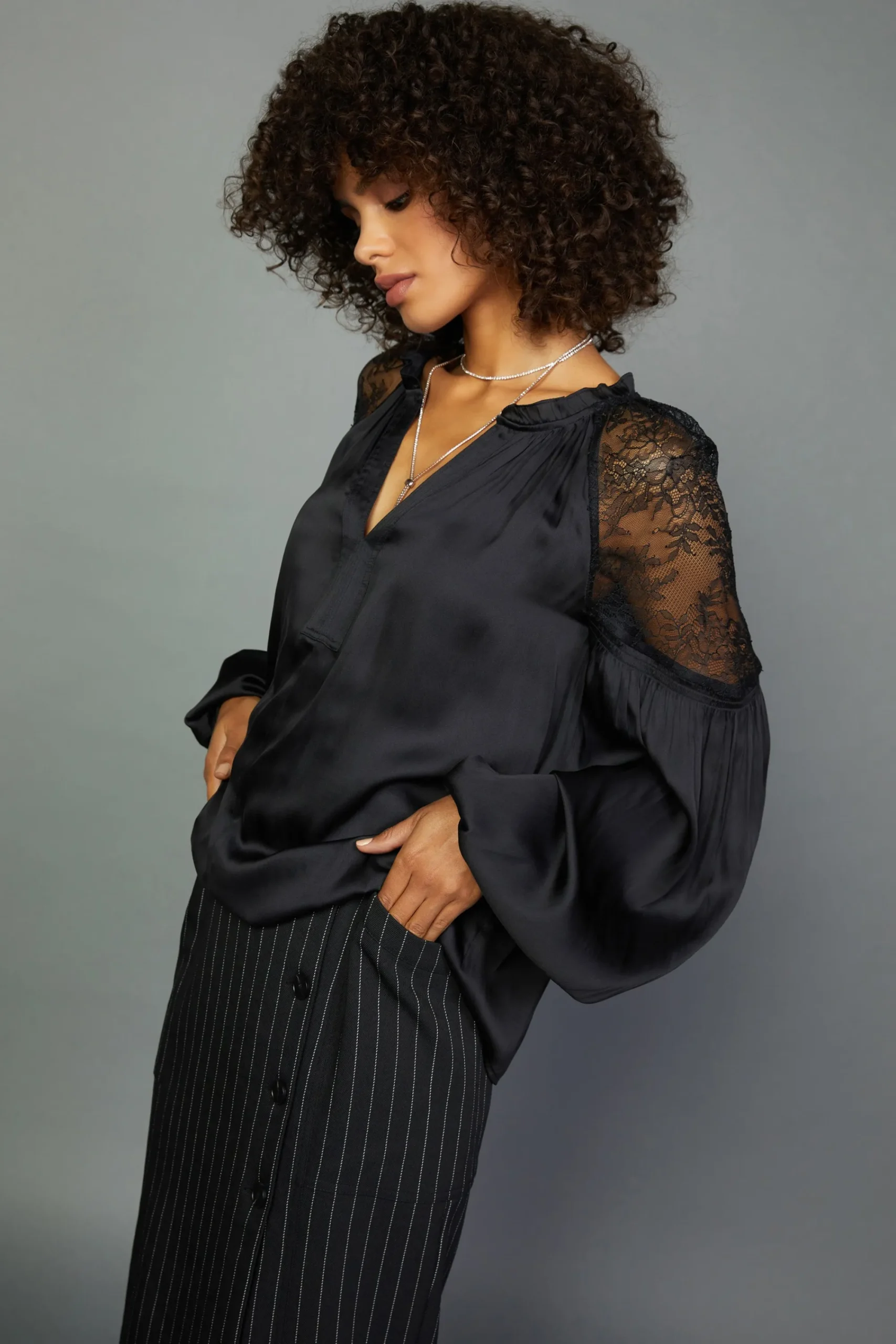 Current Air Long Sleeve Tops-Peekaboo Lace Blouse BLACK