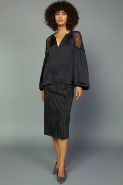 Current Air Long Sleeve Tops-Peekaboo Lace Blouse BLACK