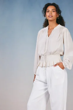 Current Air Long Sleeve Tops-Peplum Collared Blouse ECRU