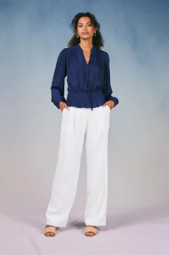 Current Air Long Sleeve Tops-Peplum Collared Blouse NAVY