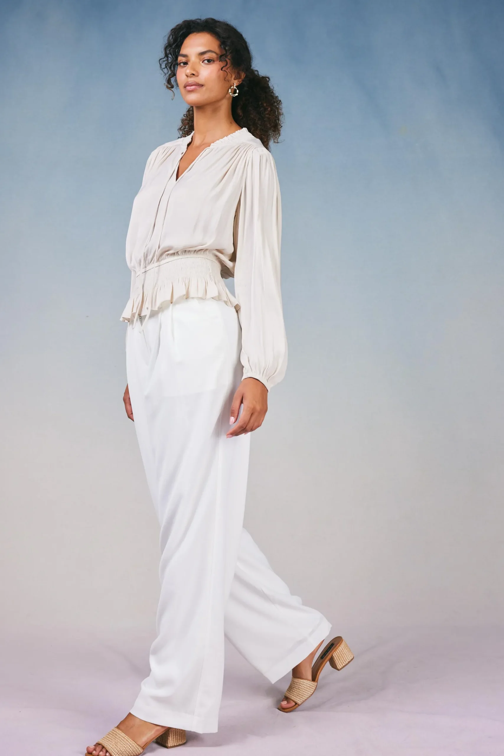 Current Air Long Sleeve Tops-Peplum Collared Blouse ECRU
