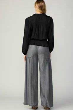 Current Air Long Sleeve Tops-Peplum Collared Blouse BLACK