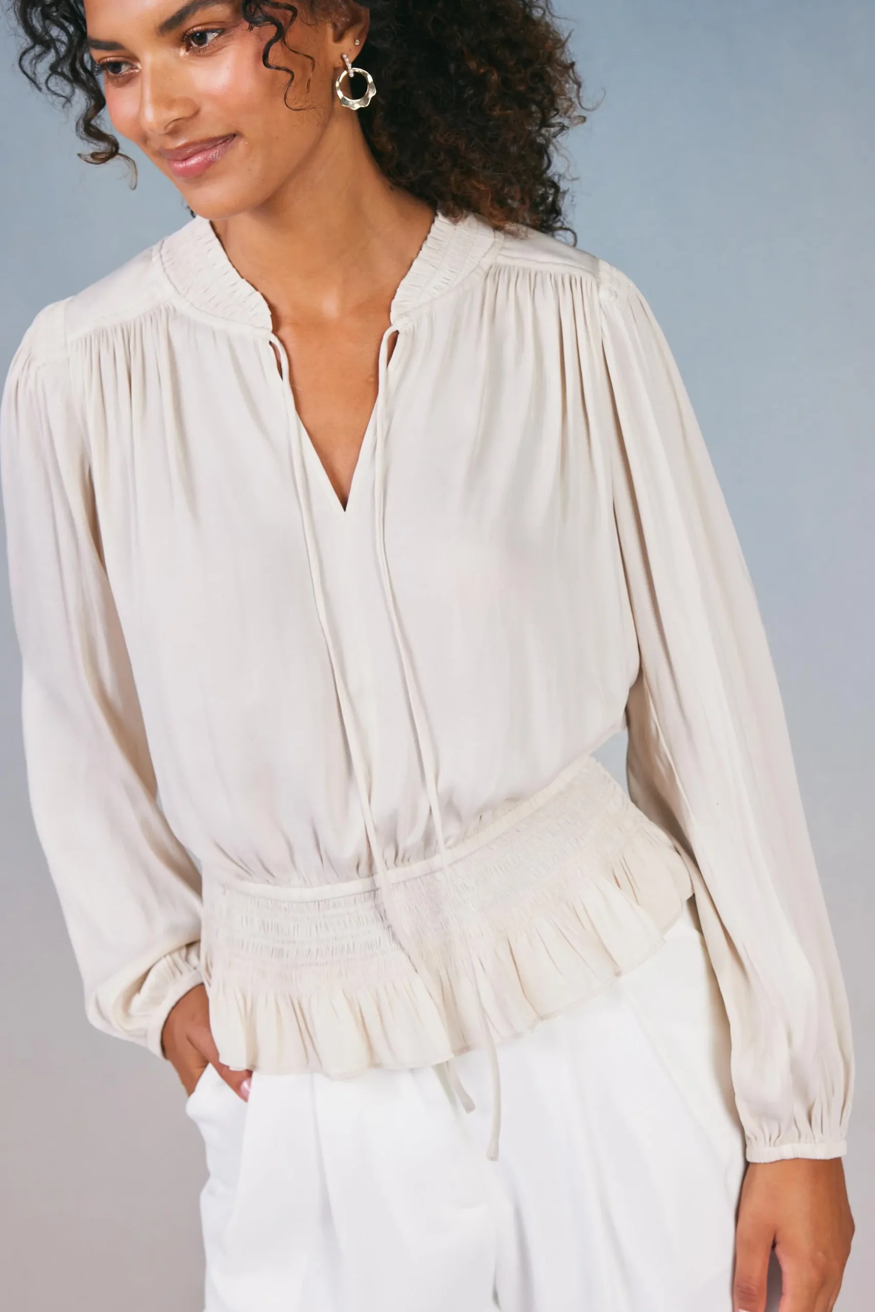 Current Air Long Sleeve Tops-Peplum Collared Blouse ECRU