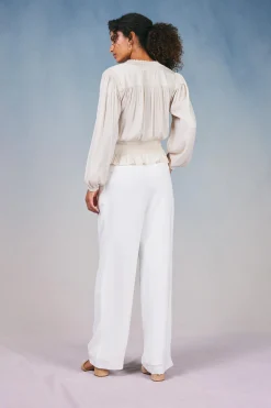 Current Air Long Sleeve Tops-Peplum Collared Blouse ECRU