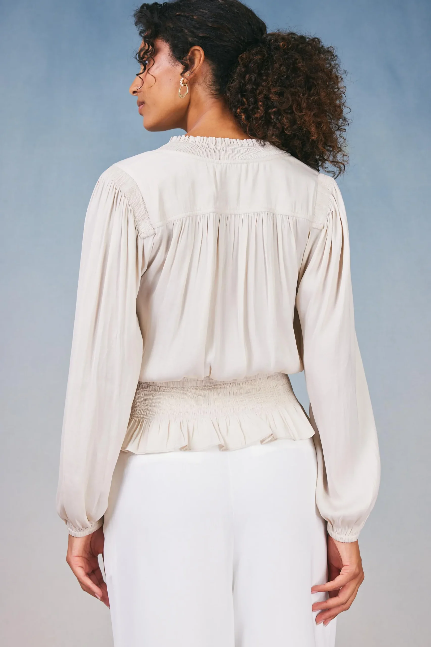 Current Air Long Sleeve Tops-Peplum Collared Blouse ECRU