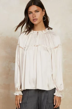 Current Air Long Sleeve Tops-Picot Ruffled Blouse ECRU