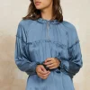 Current Air Long Sleeve Tops-Picot Ruffled Blouse SLATEBLUE