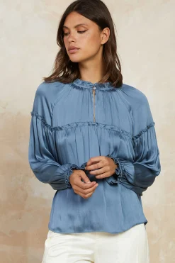 Current Air Long Sleeve Tops-Picot Ruffled Blouse SLATEBLUE