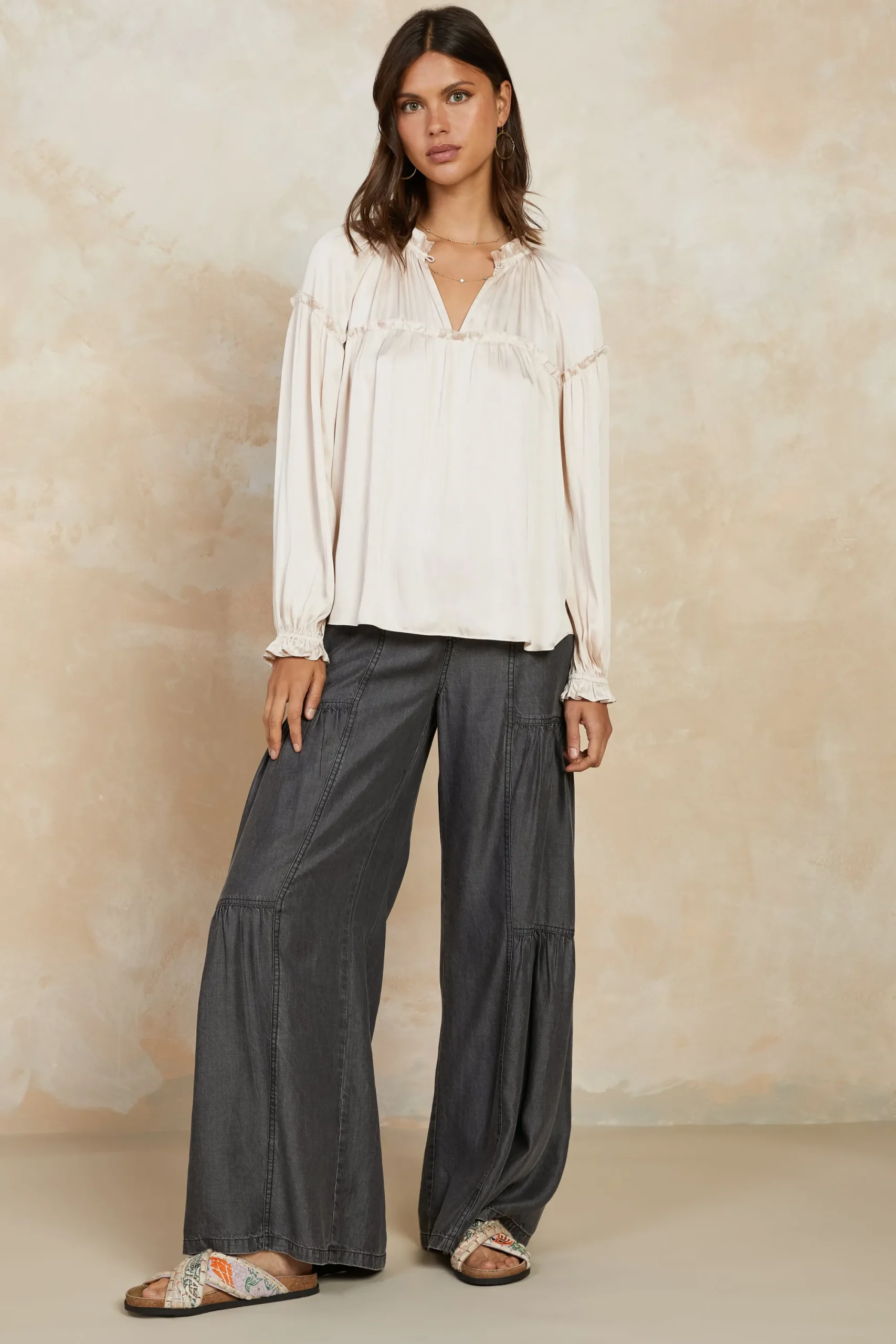 Current Air Long Sleeve Tops-Picot Ruffled Blouse ECRU
