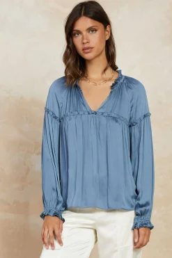 Current Air Long Sleeve Tops-Picot Ruffled Blouse SLATEBLUE
