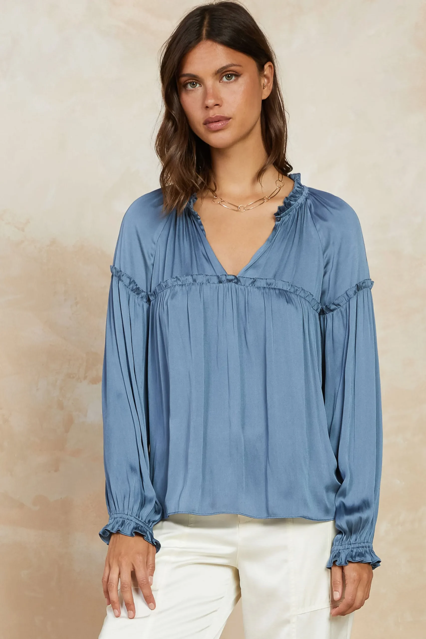 Current Air Long Sleeve Tops-Picot Ruffled Blouse SLATEBLUE