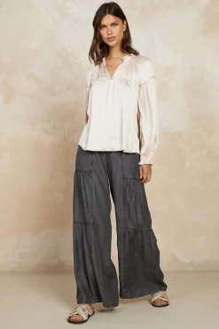 Current Air Long Sleeve Tops-Picot Ruffled Blouse ECRU