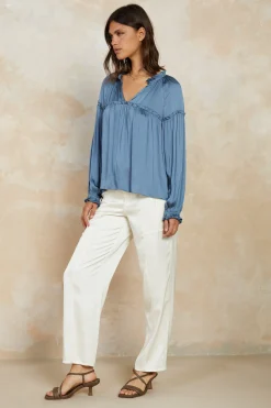Current Air Long Sleeve Tops-Picot Ruffled Blouse SLATEBLUE