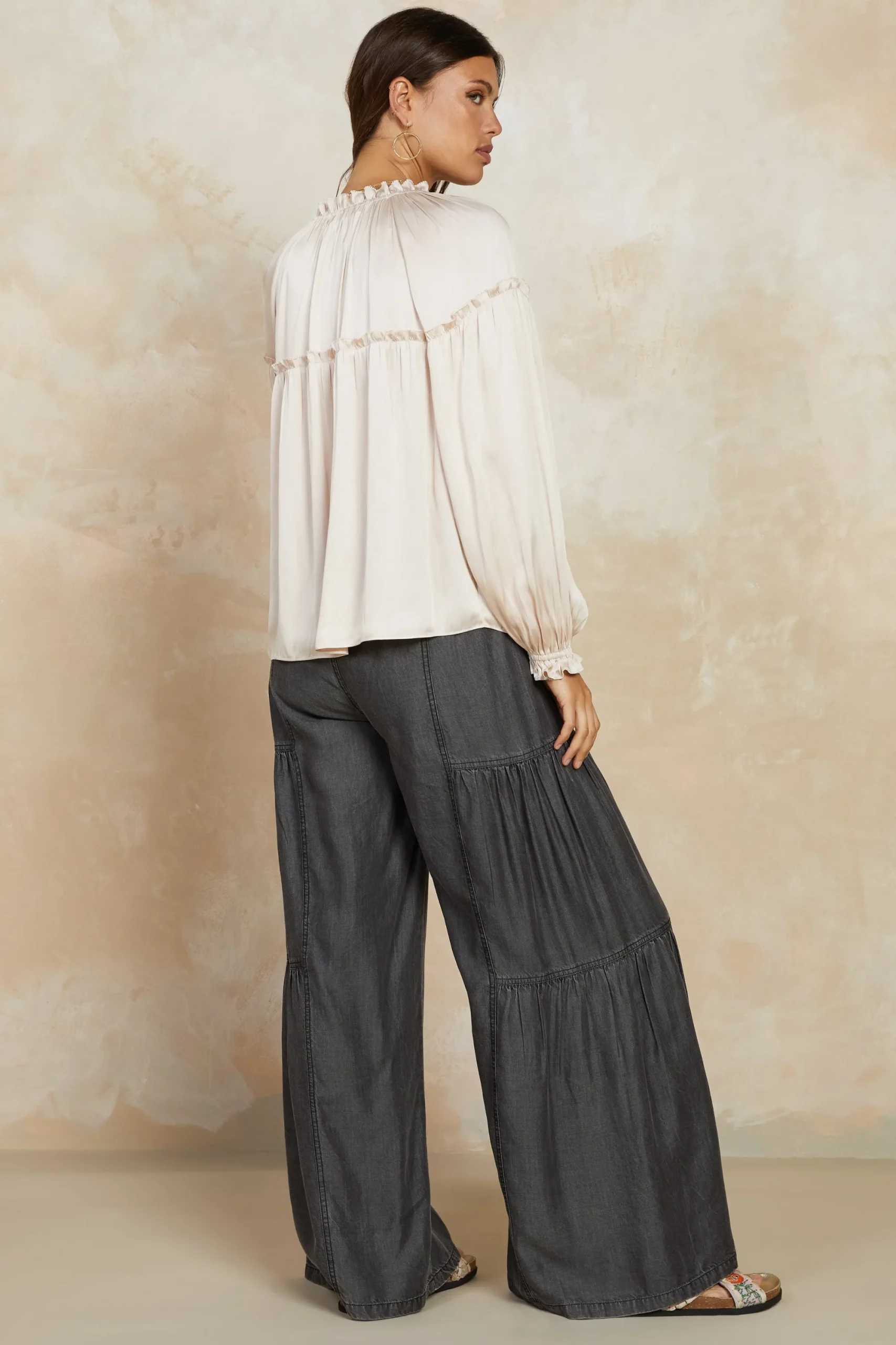 Current Air Long Sleeve Tops-Picot Ruffled Blouse ECRU