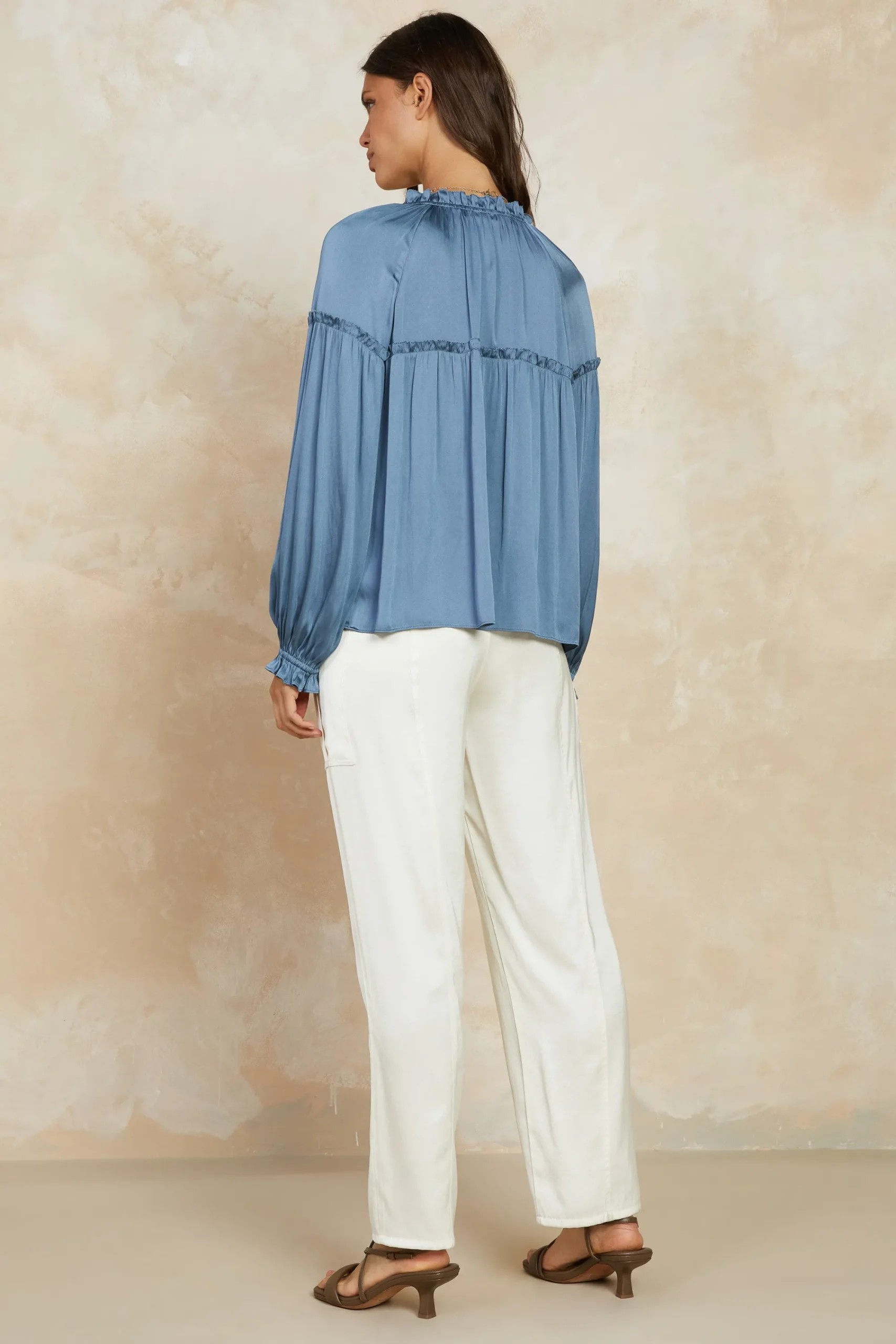 Current Air Long Sleeve Tops-Picot Ruffled Blouse SLATEBLUE