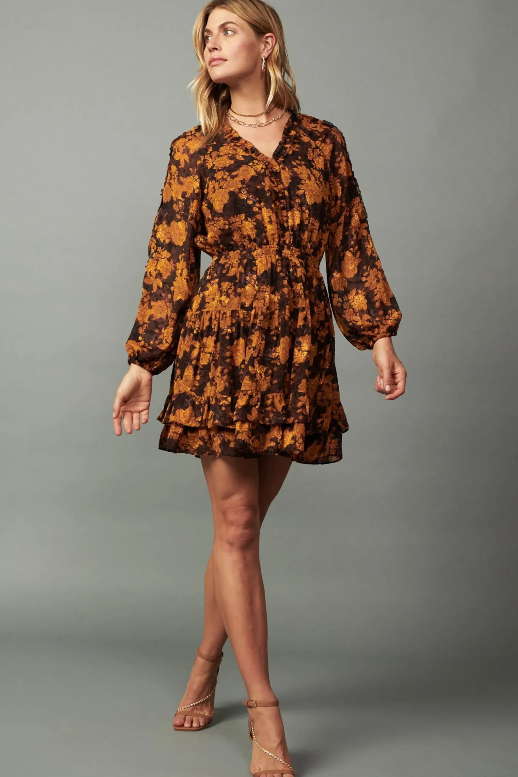 Current Air Mini Dresses-Picot Stitch Ruffled Mini Dress BROWNORANGEFLORAL