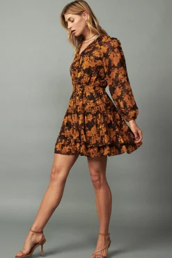 Current Air Mini Dresses-Picot Stitch Ruffled Mini Dress BROWNORANGEFLORAL