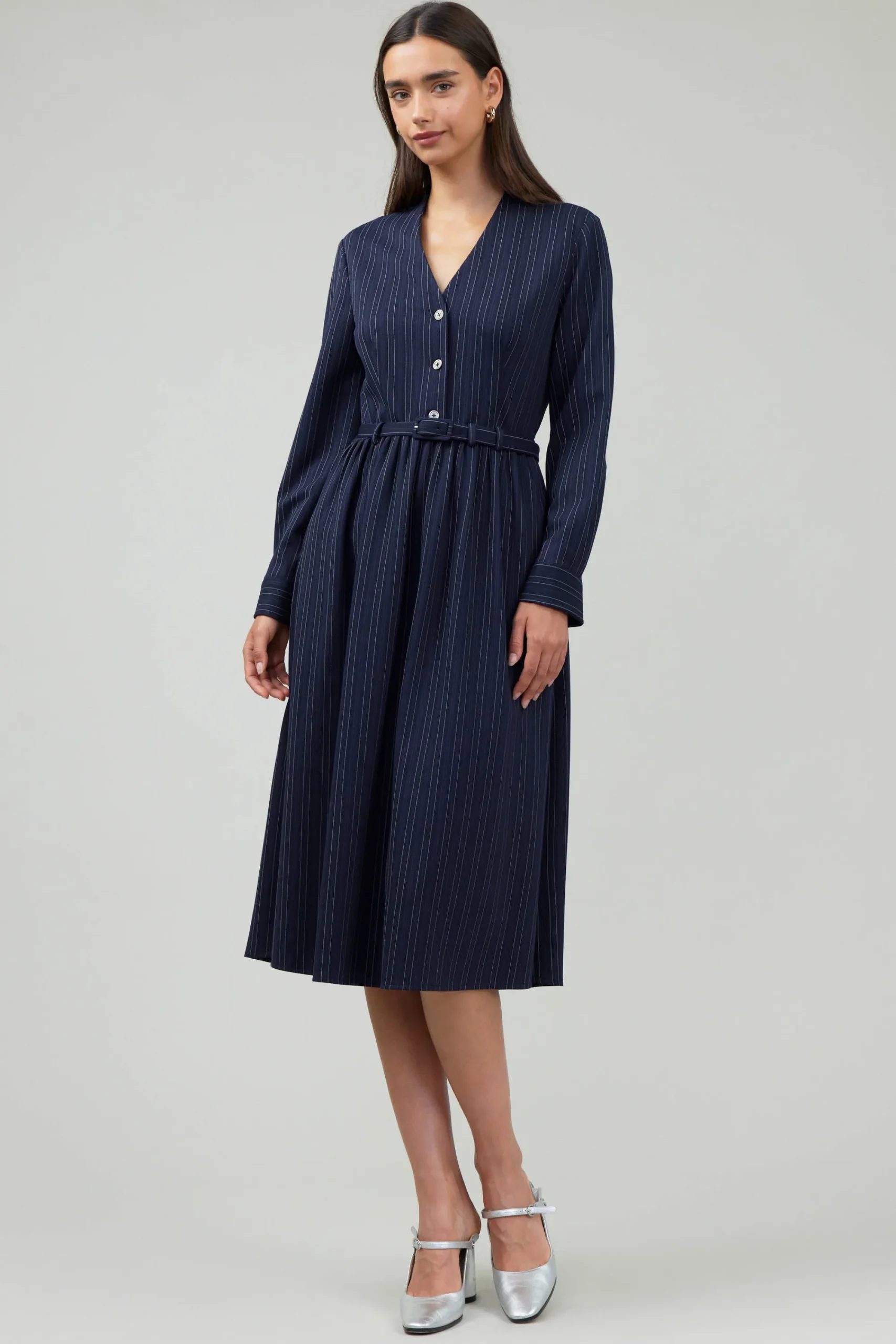 Current Air Midi Dresses-Pinstriped Buttondown Midi Dress NAVY