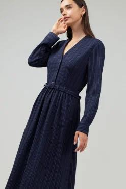 Current Air Midi Dresses-Pinstriped Buttondown Midi Dress NAVY