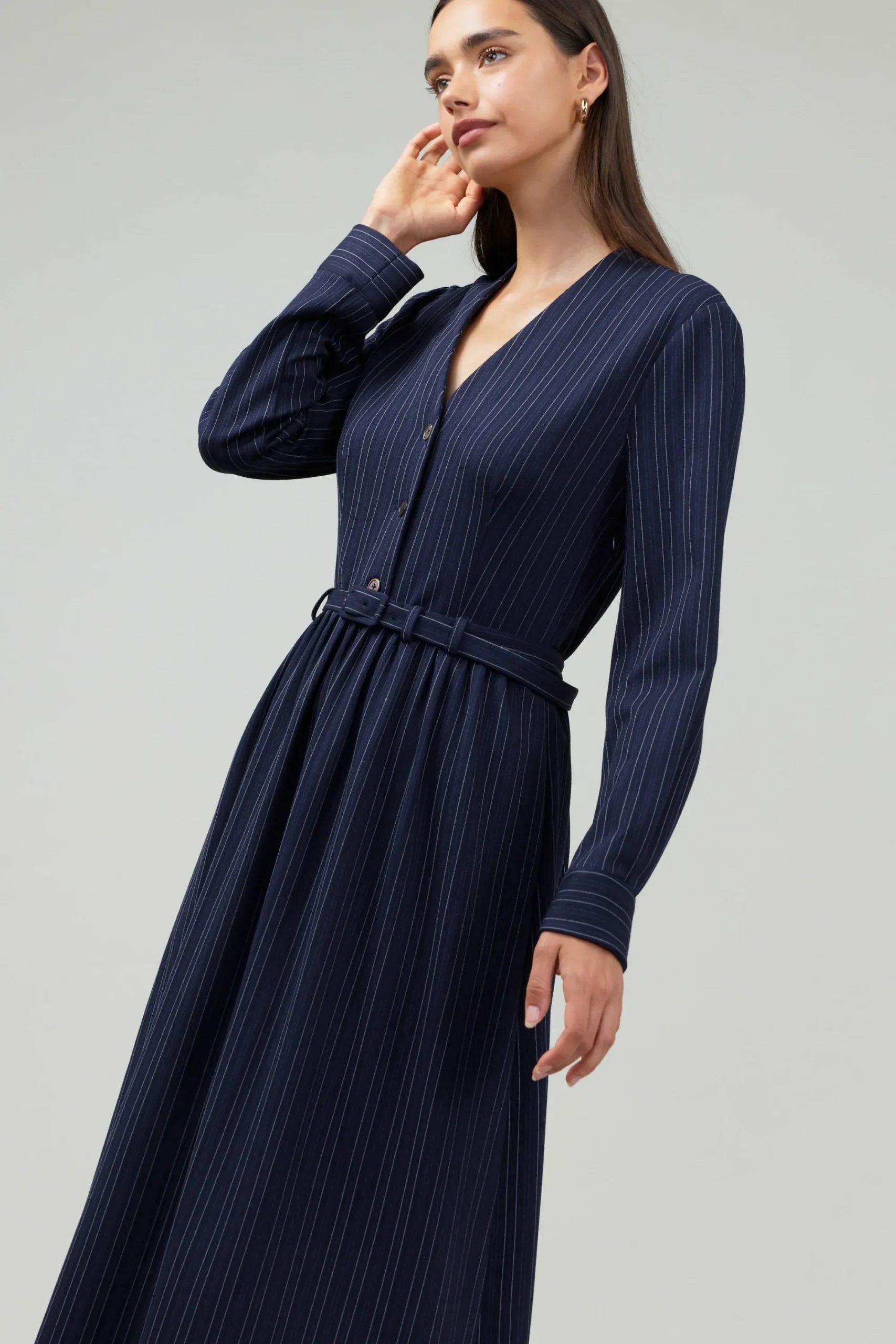 Current Air Midi Dresses-Pinstriped Buttondown Midi Dress NAVY