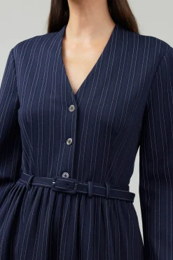 Current Air Midi Dresses-Pinstriped Buttondown Midi Dress NAVY