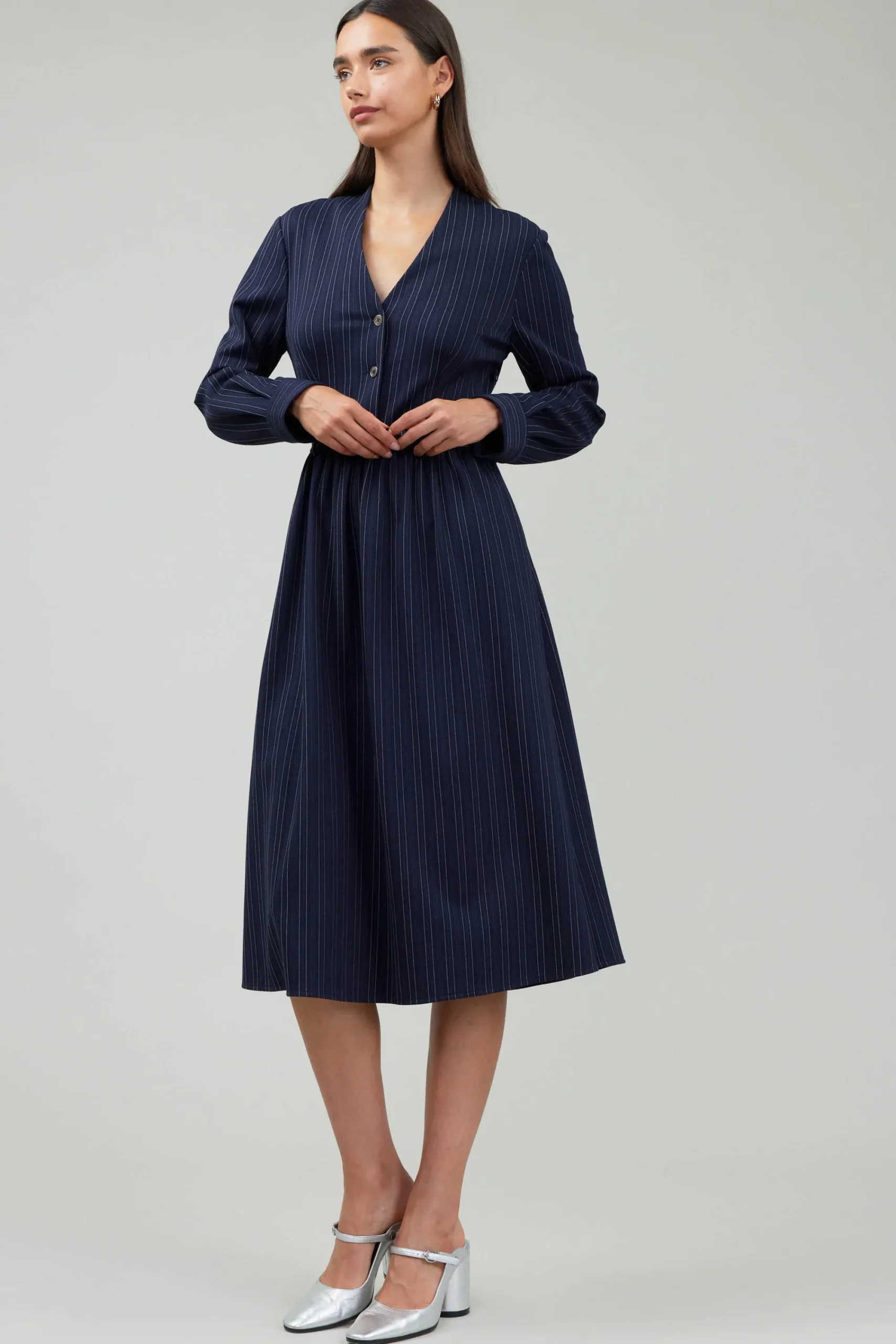 Current Air Midi Dresses-Pinstriped Buttondown Midi Dress NAVY