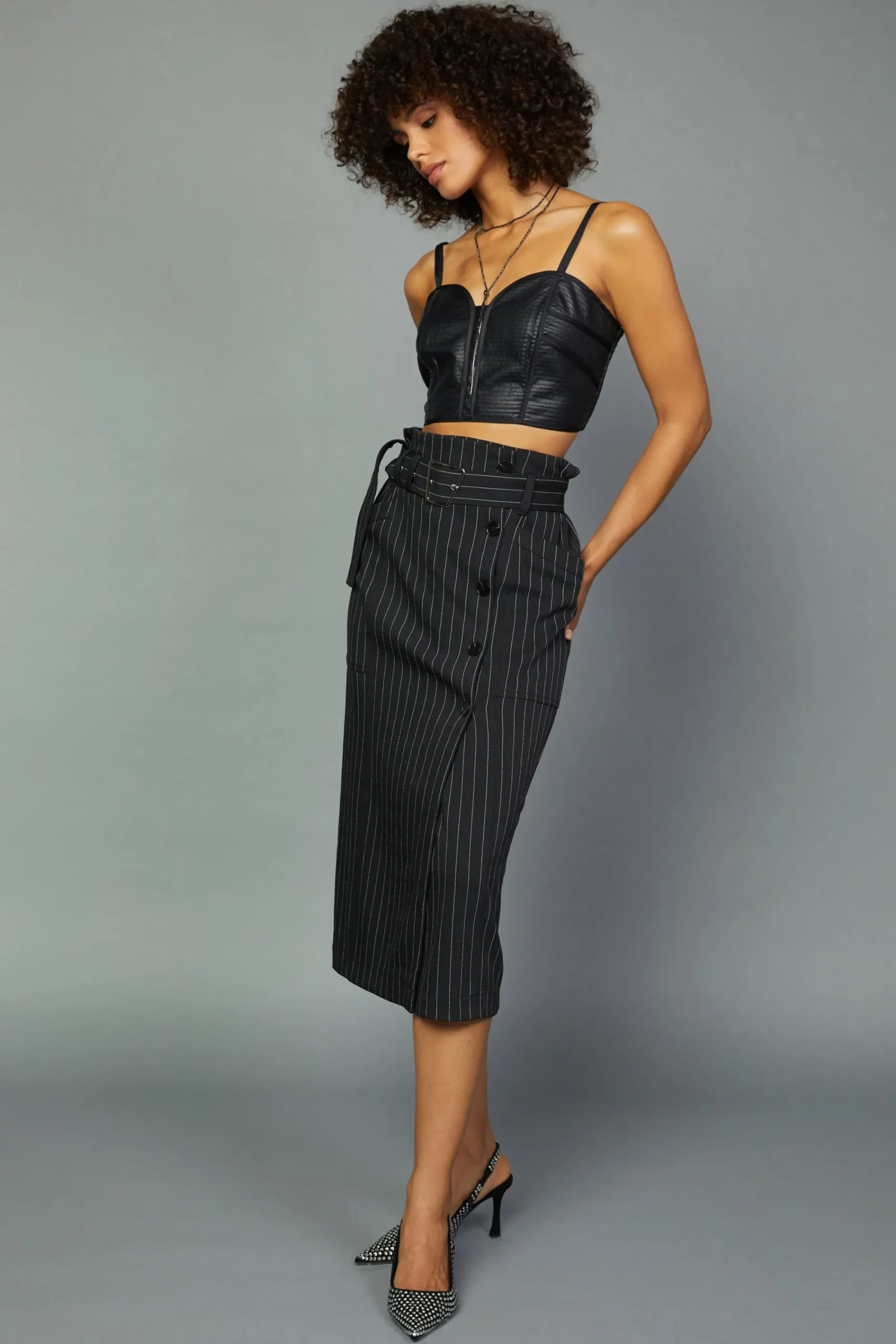 Current Air Skirts-Pinstriped Midi Skirt BLACKSTRIPE