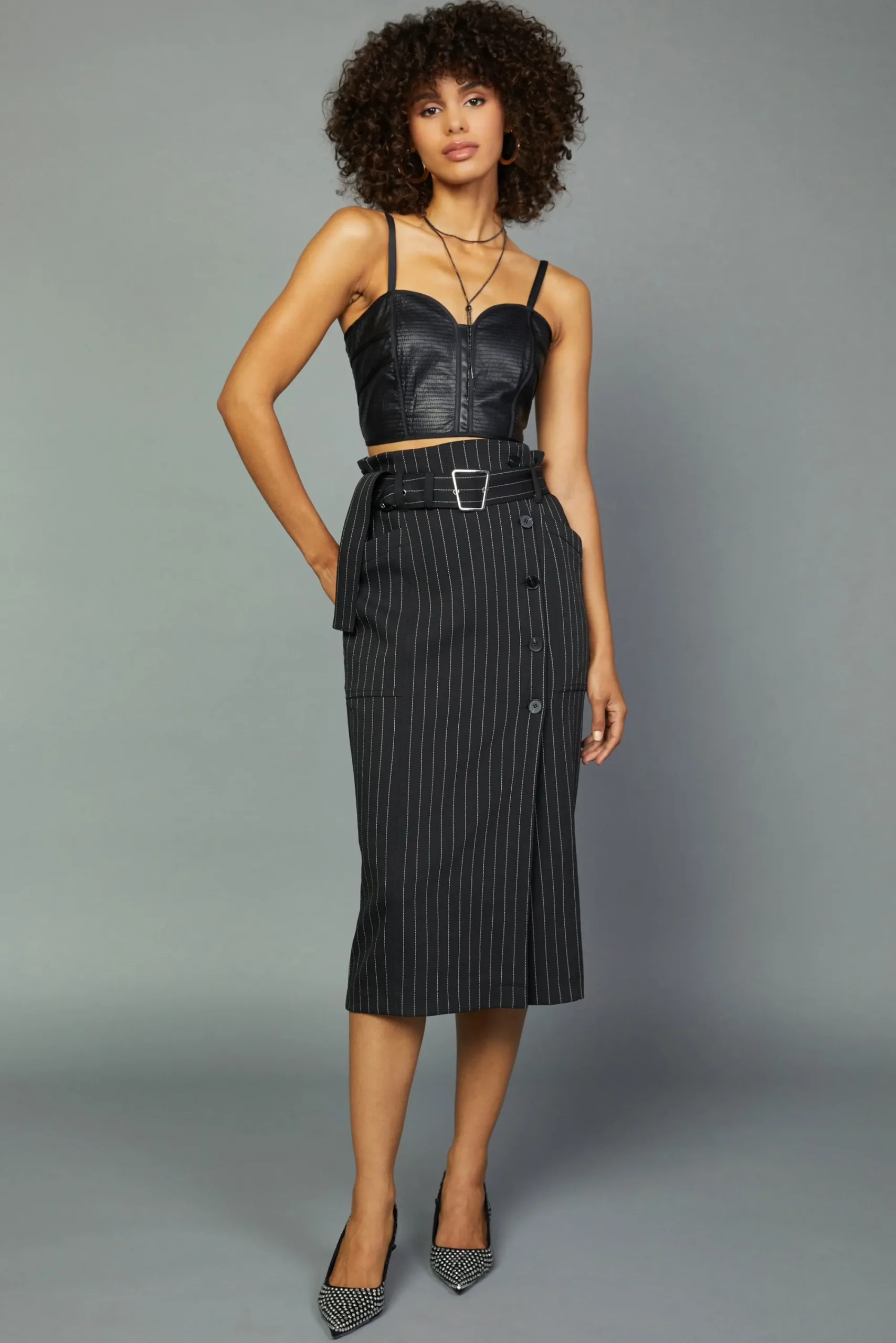 Current Air Skirts-Pinstriped Midi Skirt BLACKSTRIPE