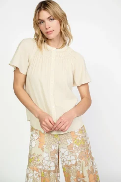Current Air Short Sleeve Tops-Pintucked Yoke Blouse LINEN