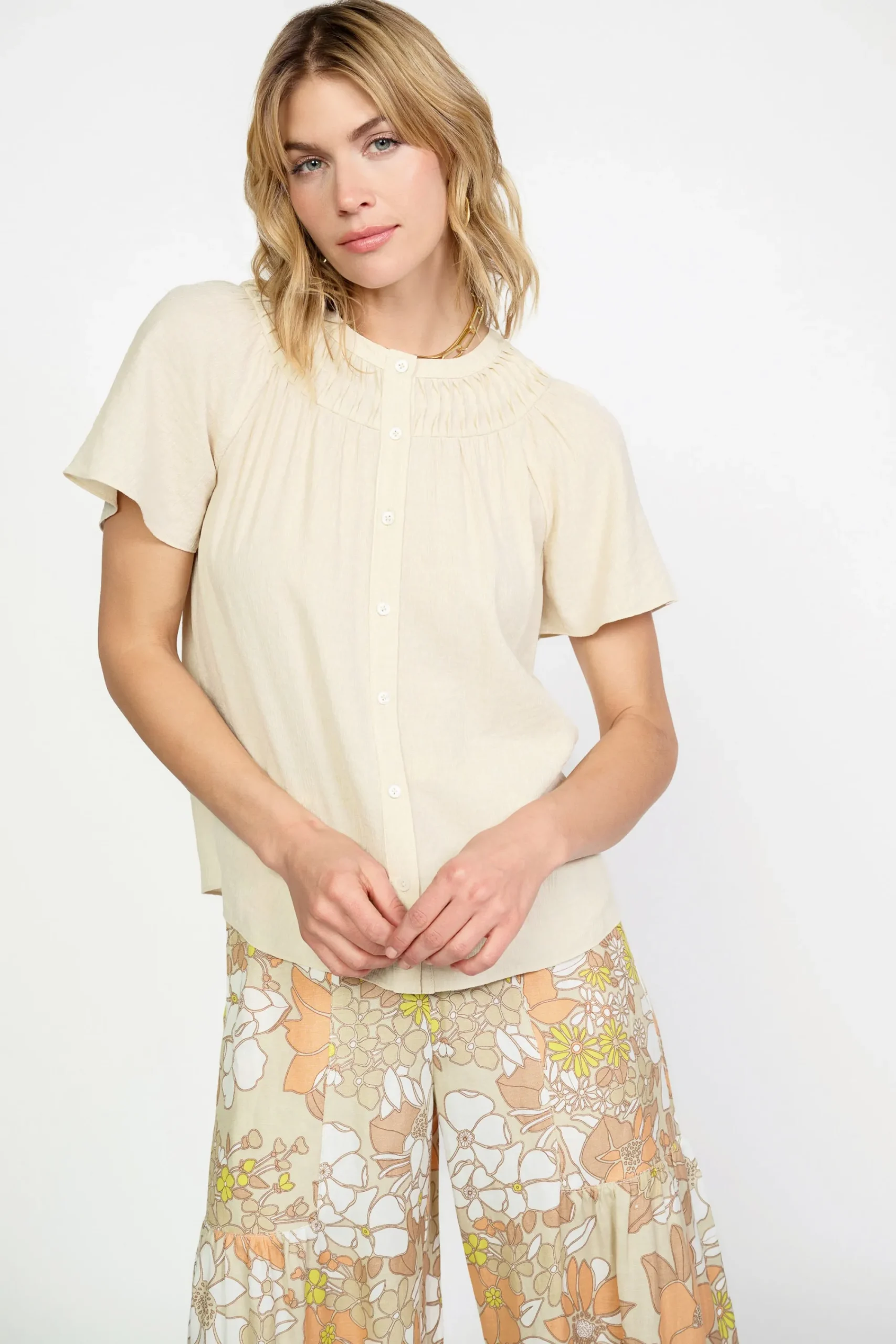 Current Air Short Sleeve Tops-Pintucked Yoke Blouse LINEN