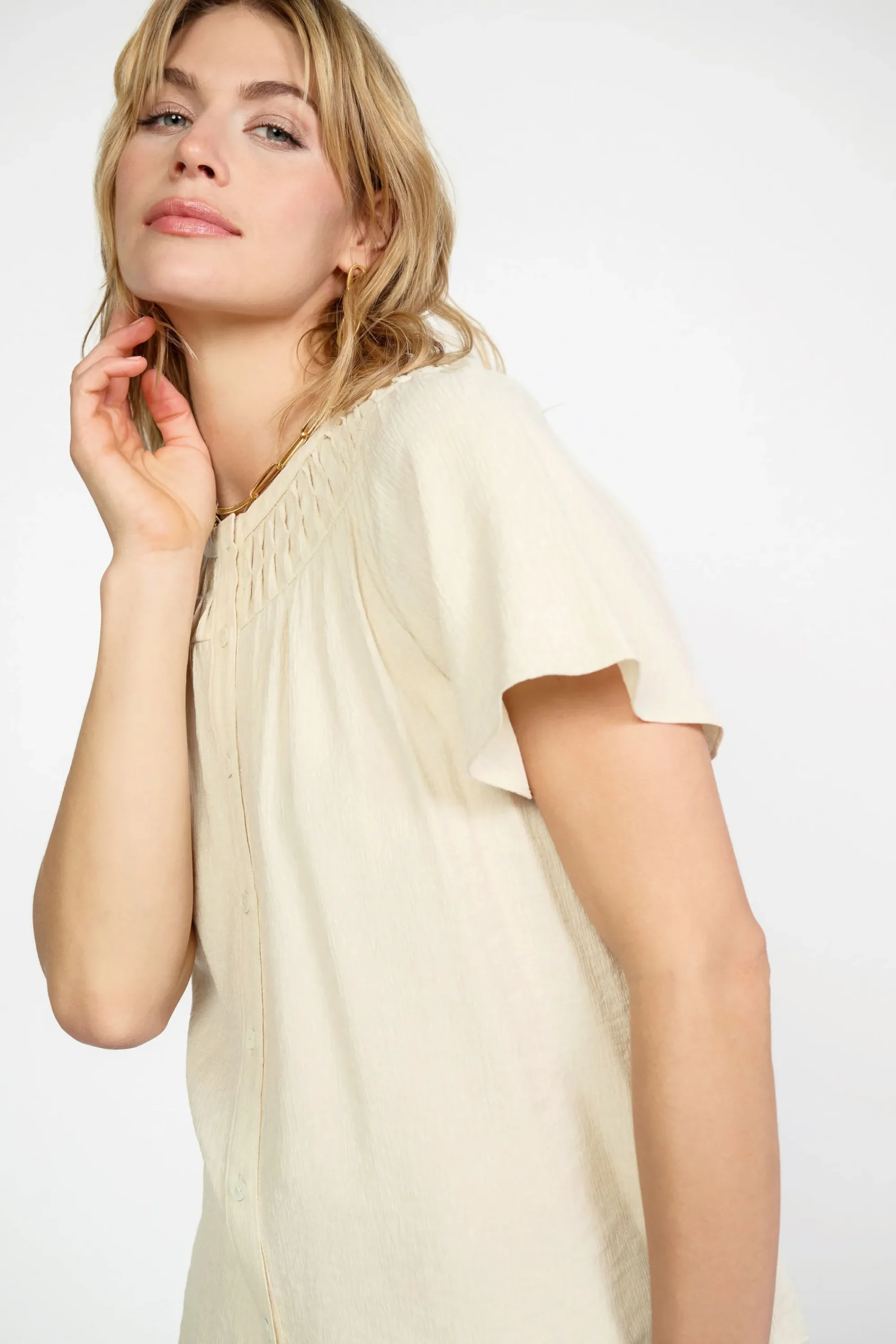 Current Air Short Sleeve Tops-Pintucked Yoke Blouse LINEN