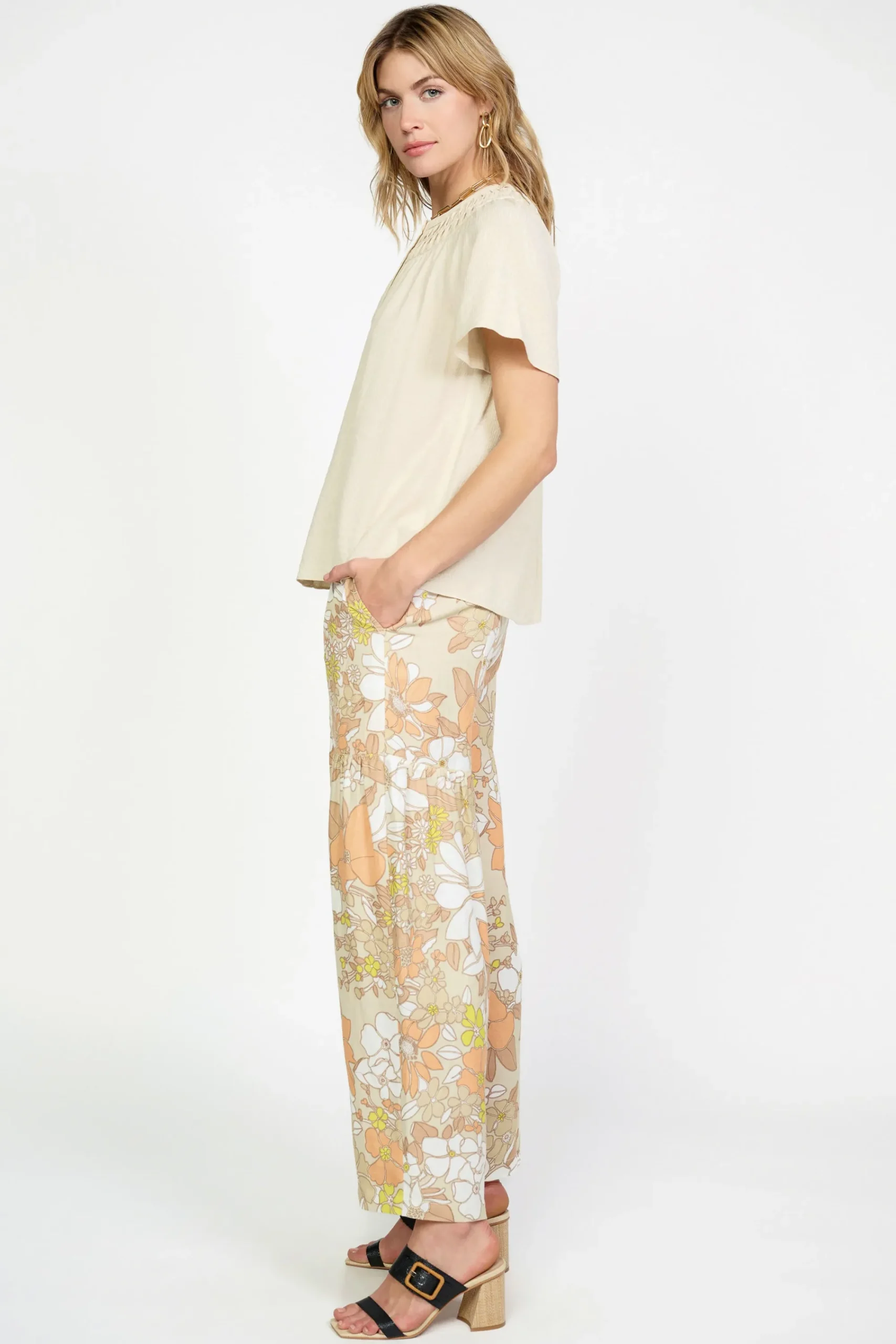 Current Air Short Sleeve Tops-Pintucked Yoke Blouse LINEN