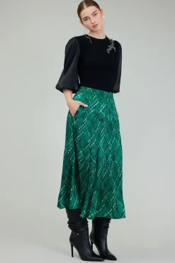 Current Air Skirts-Plaid Pattern Midi Skirt GREEN