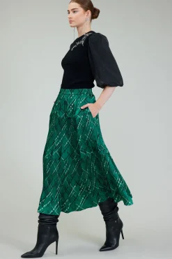 Current Air Skirts-Plaid Pattern Midi Skirt GREEN