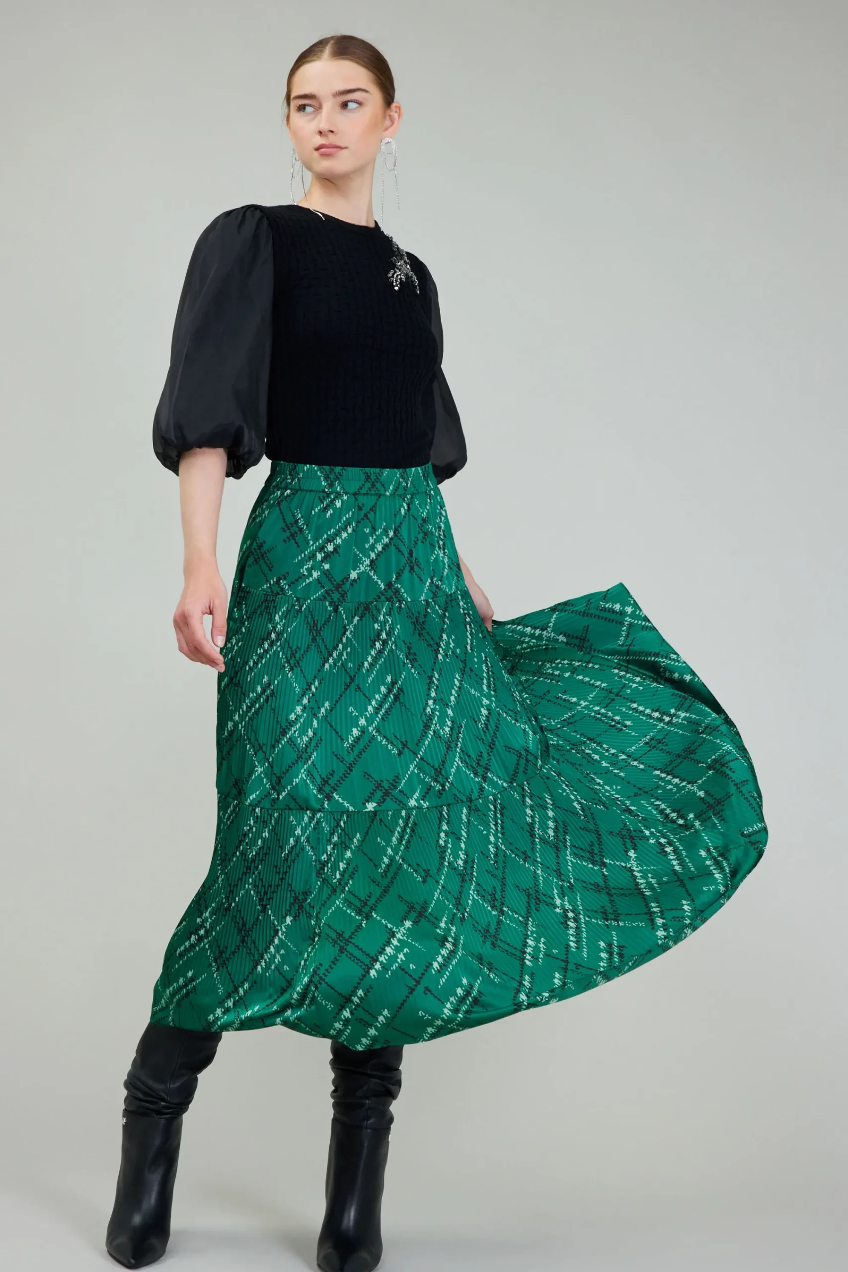 Current Air Skirts-Plaid Pattern Midi Skirt GREEN