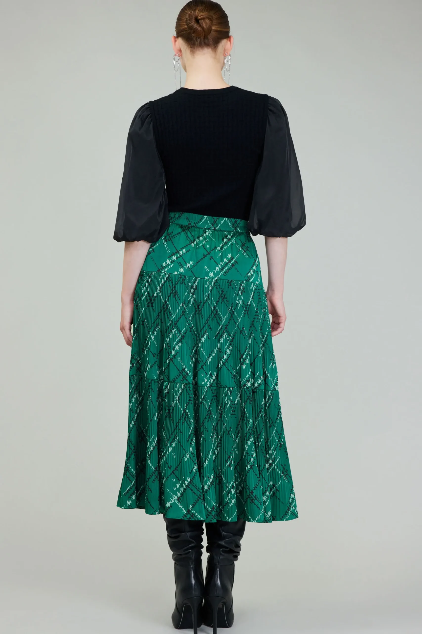 Current Air Skirts-Plaid Pattern Midi Skirt GREEN