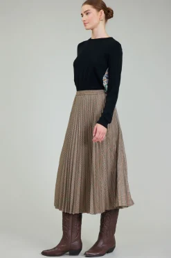 Current Air Skirts-Plaid Pleated Midi Skirt CAMELMLT