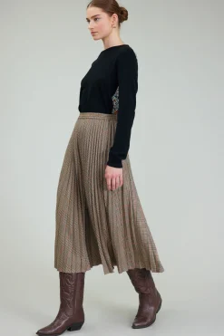Current Air Skirts-Plaid Pleated Midi Skirt CAMELMLT