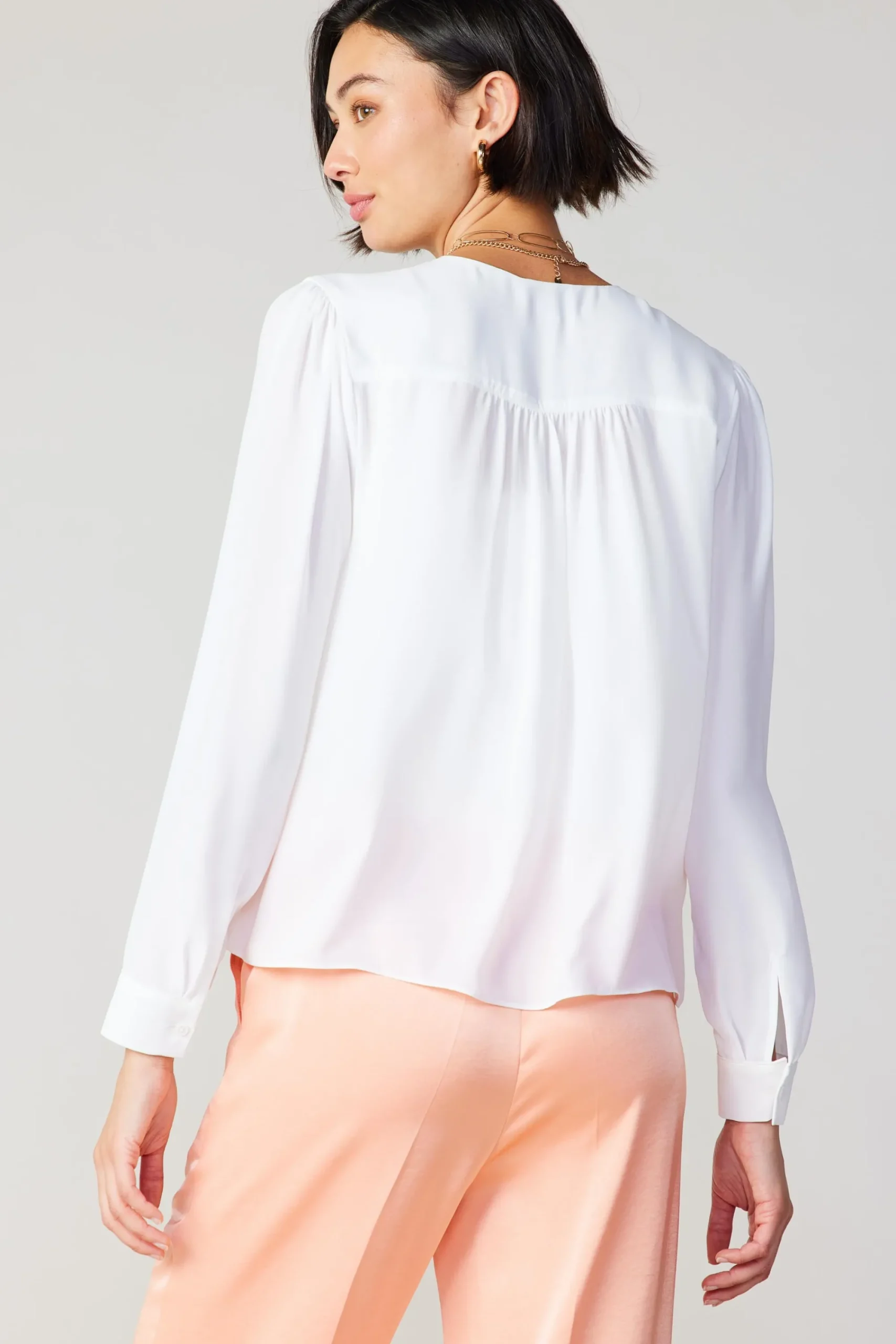 Current Air Long Sleeve Tops-Pleat Detail Buttondown Shirt WHITE