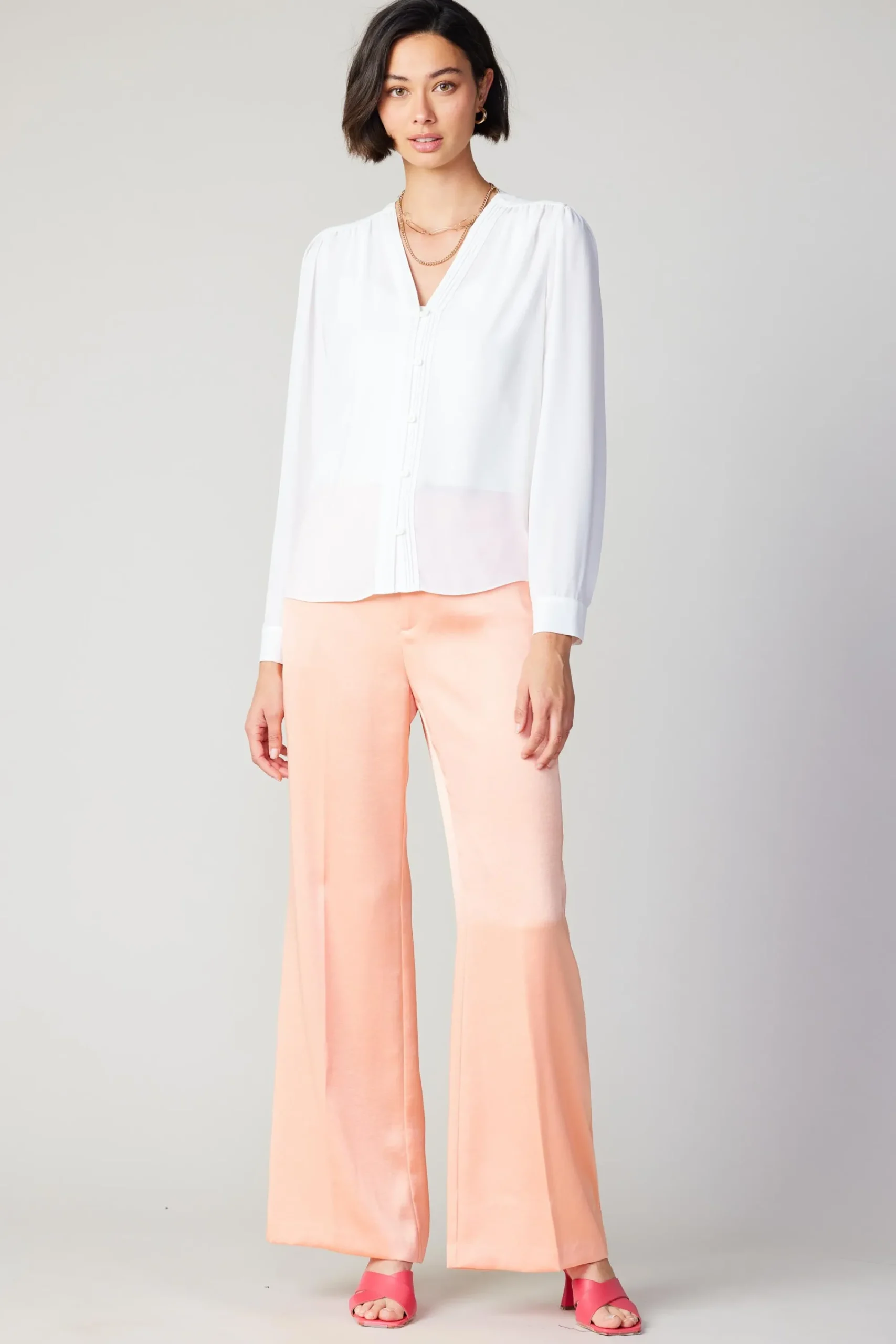 Current Air Long Sleeve Tops-Pleat Detail Buttondown Shirt WHITE