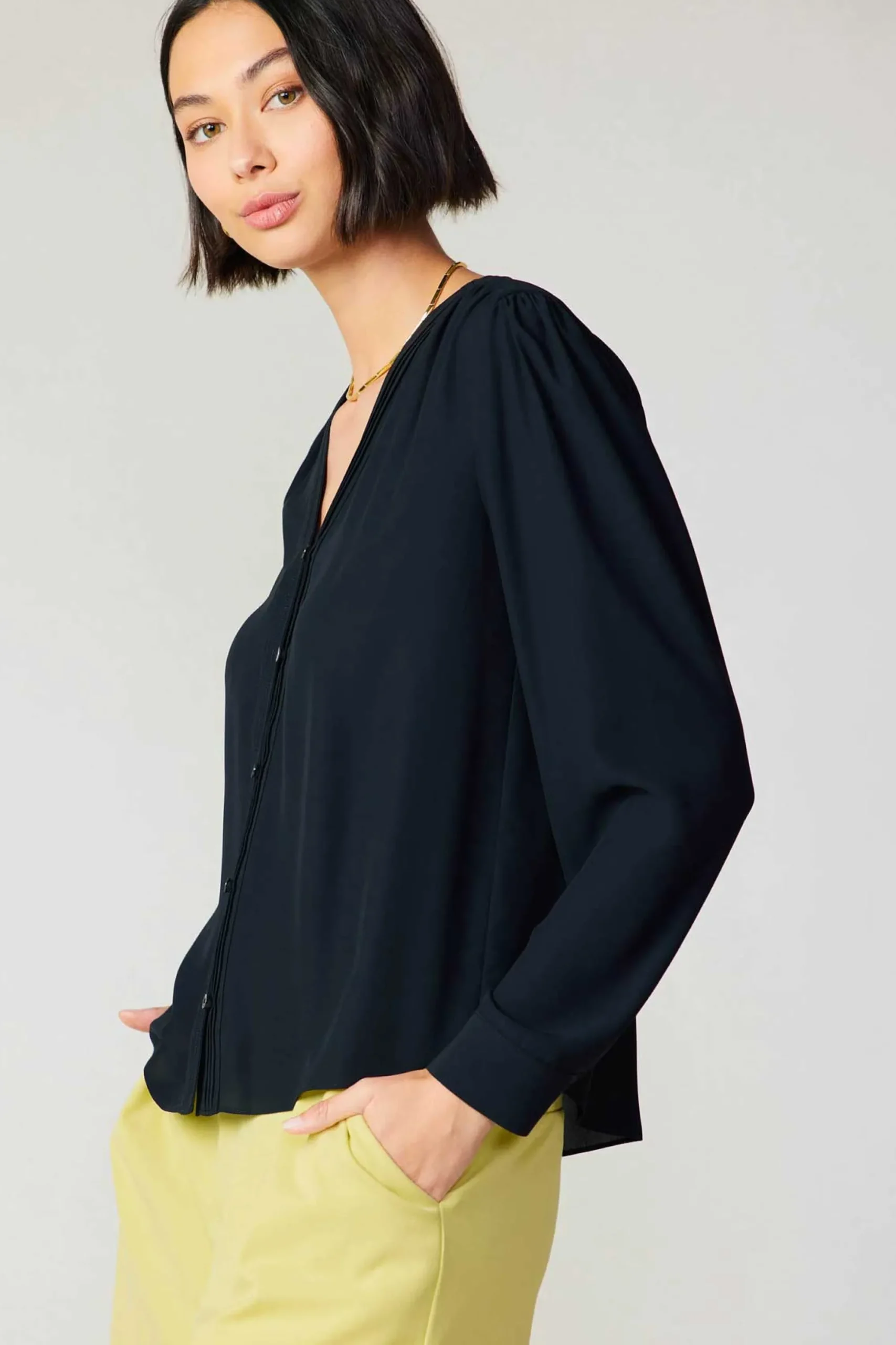 Current Air Long Sleeve Tops-Pleat Detail Buttondown Shirt BLACK