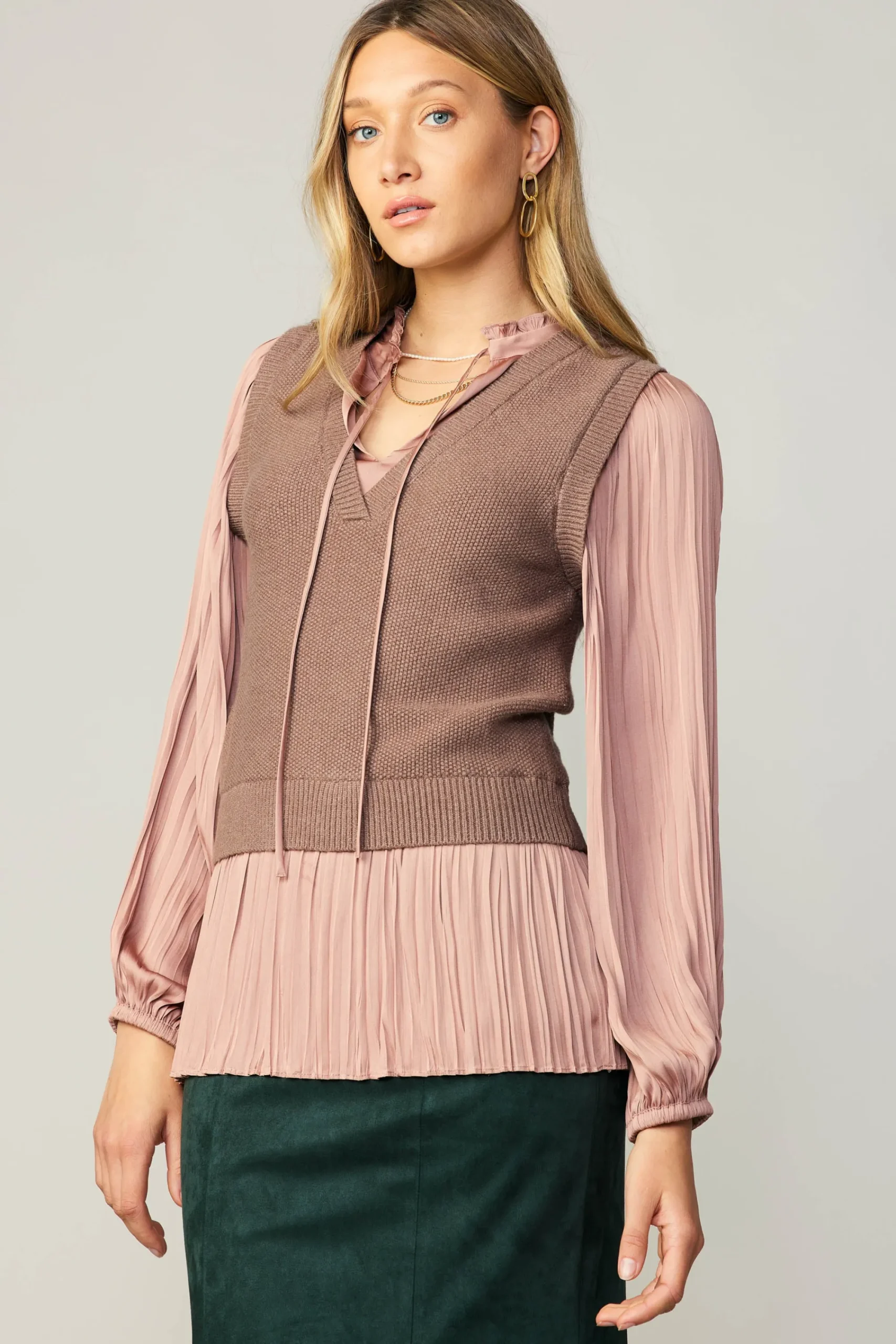 Current Air Sweaters-Pleated Blouse Sweater Vest DUSTYROSE