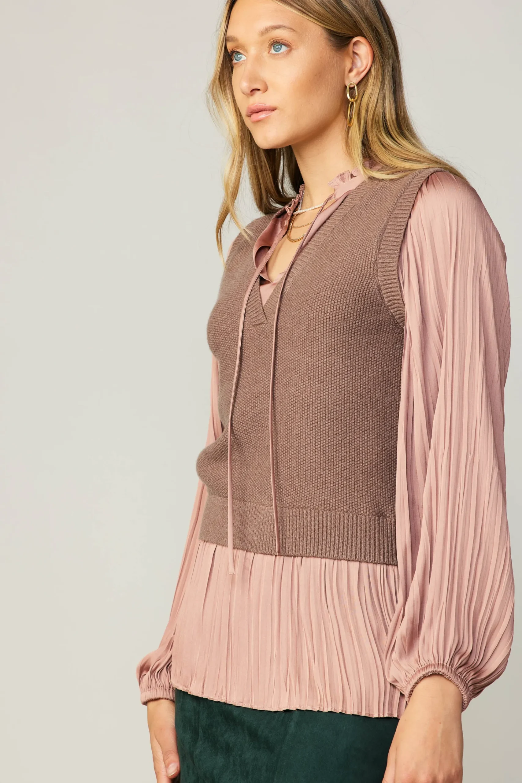 Current Air Sweaters-Pleated Blouse Sweater Vest DUSTYROSE