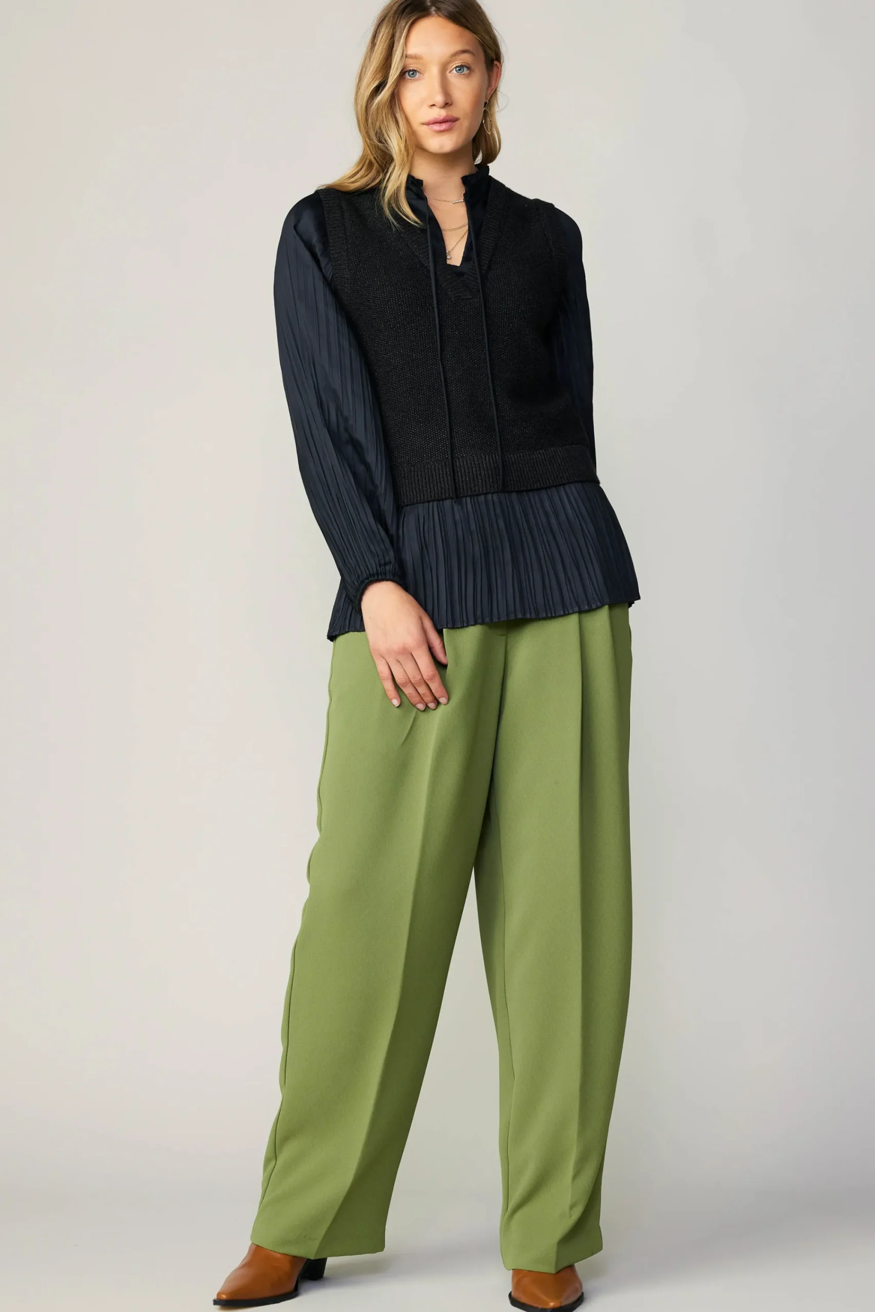 Current Air Sweaters-Pleated Blouse Sweater Vest BLACK