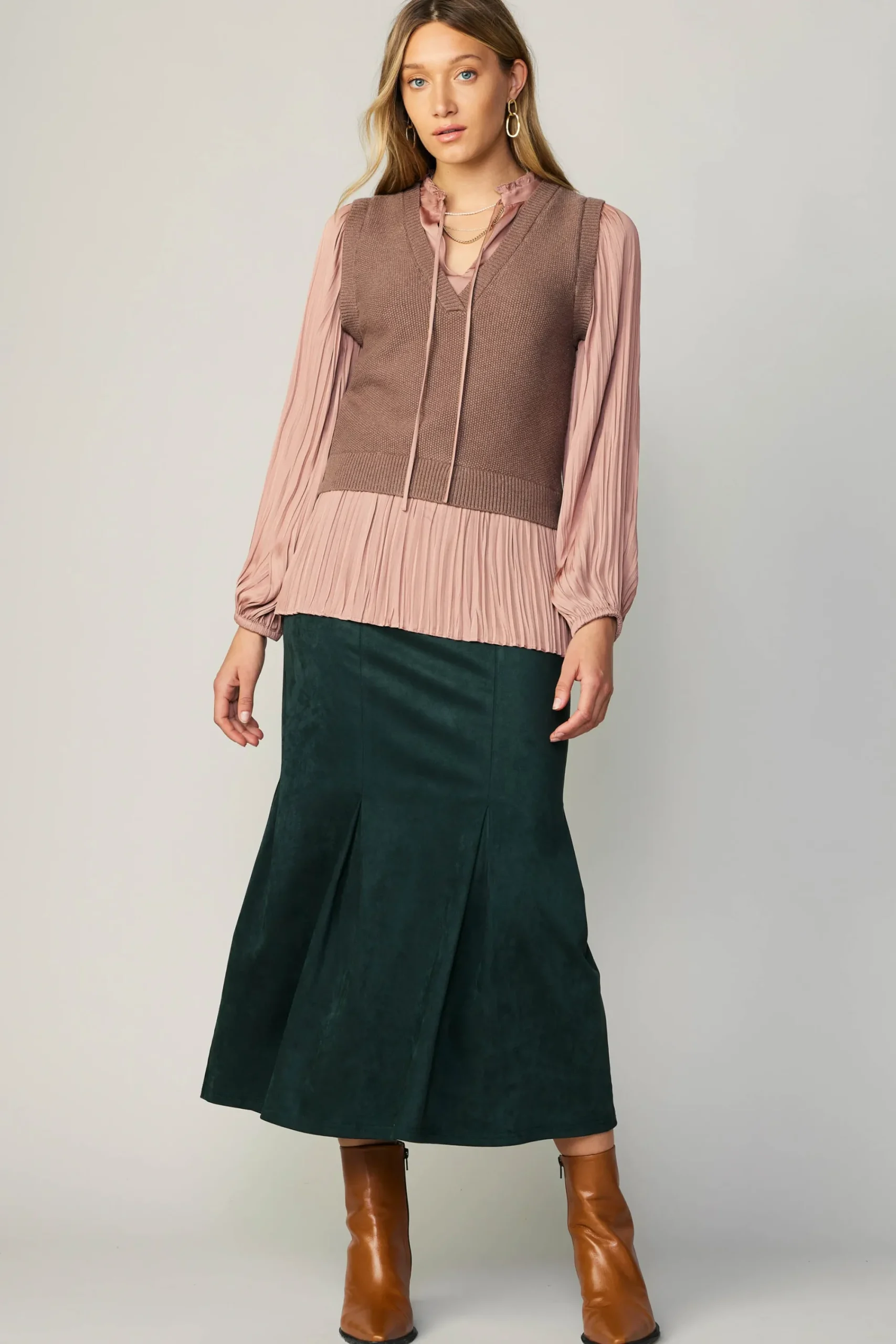 Current Air Sweaters-Pleated Blouse Sweater Vest DUSTYROSE